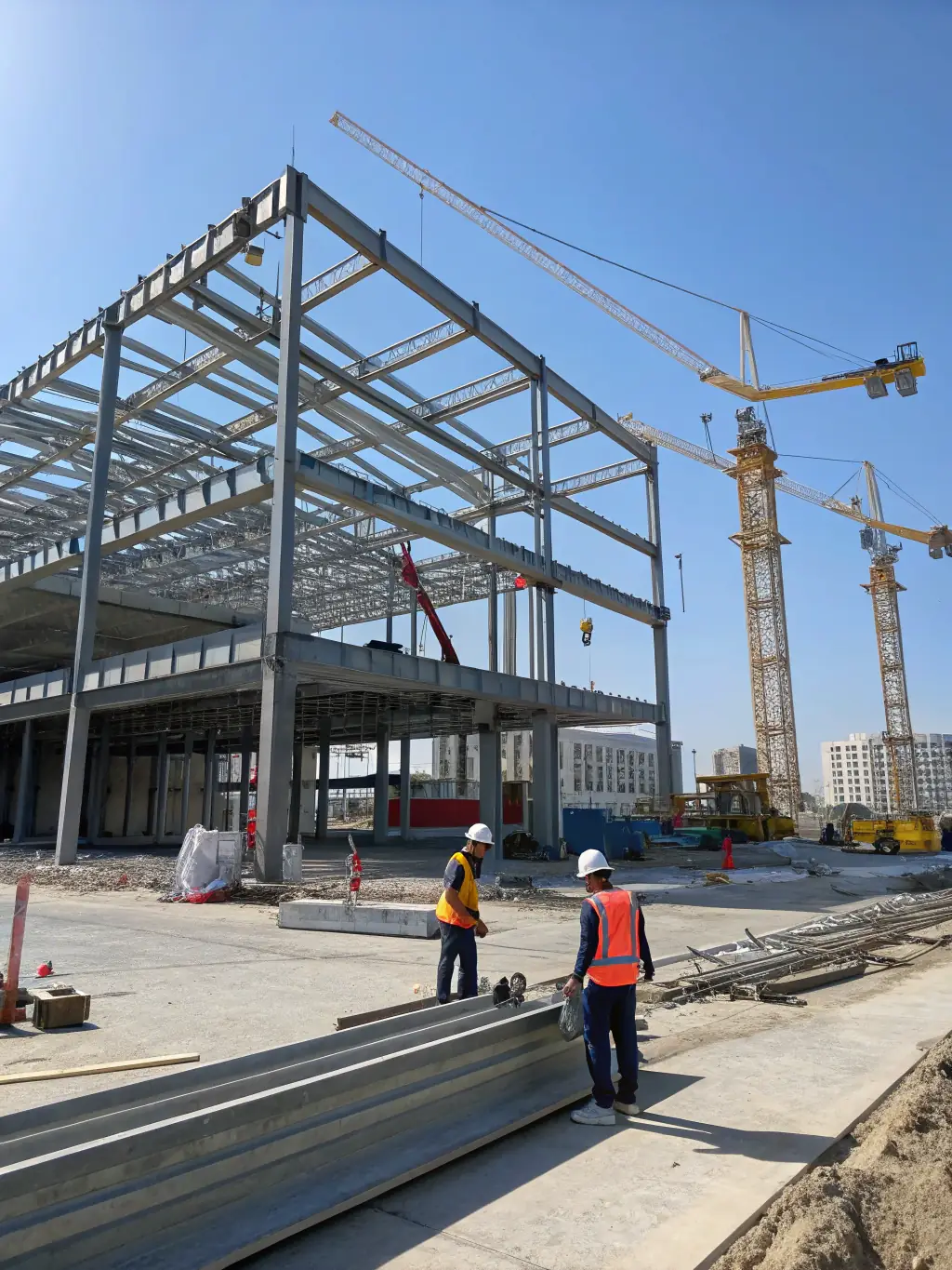 A modern commercial building under construction with cranes, scaffolding, and workers in safety gear, representing BRIQ's expertise in new building projects.