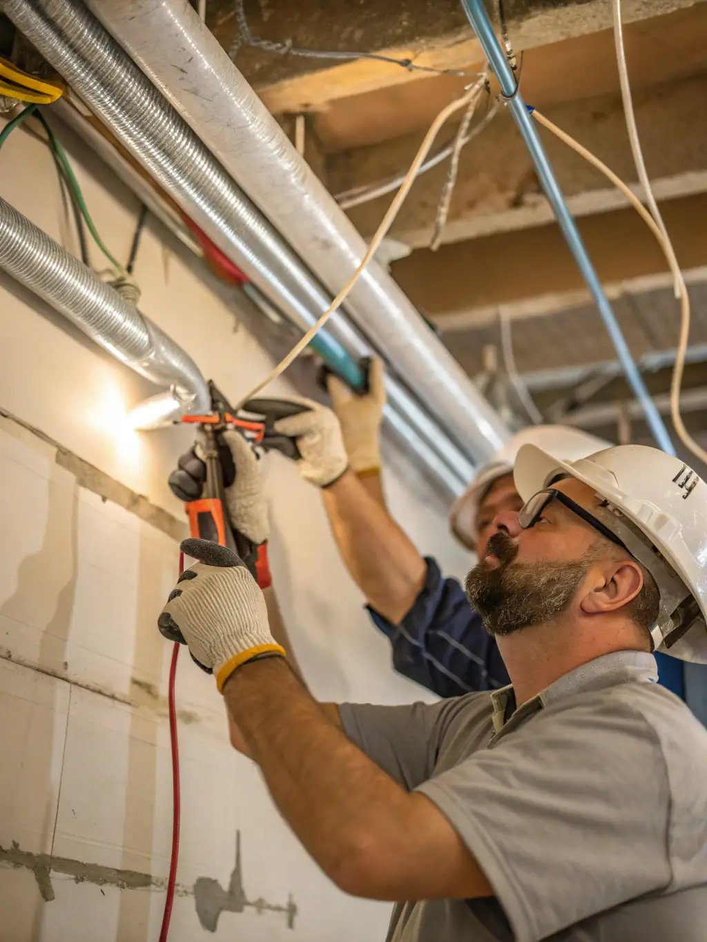 A skilled technician installing electrical wiring and plumbing pipes in a new building, demonstrating technical expertise and safety.