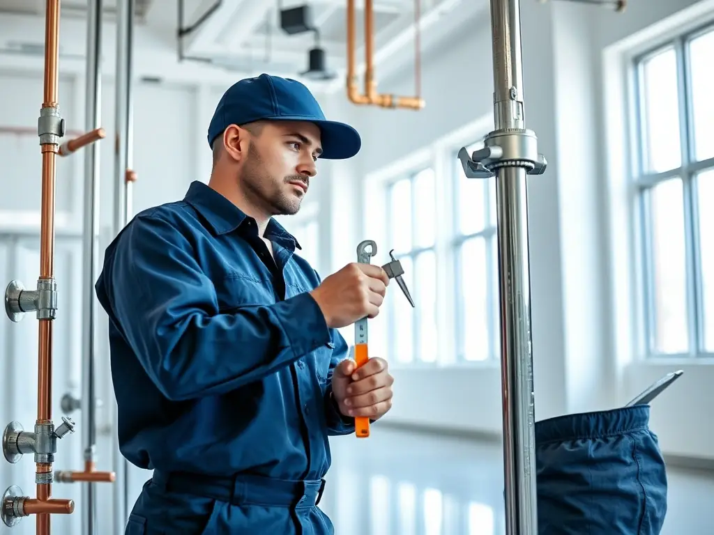 A close-up of a technician installing plumbing pipes and electrical wiring inside a building, with visible ventilation ducts, highlighting the integration of essential building systems.