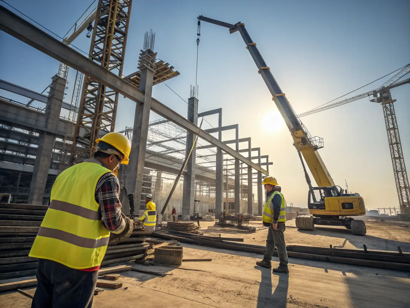 A modern construction site with cranes, workers in safety gear, and a partially completed building structure, representing new builds, extensions, and renovation services for residential and commercial projects.